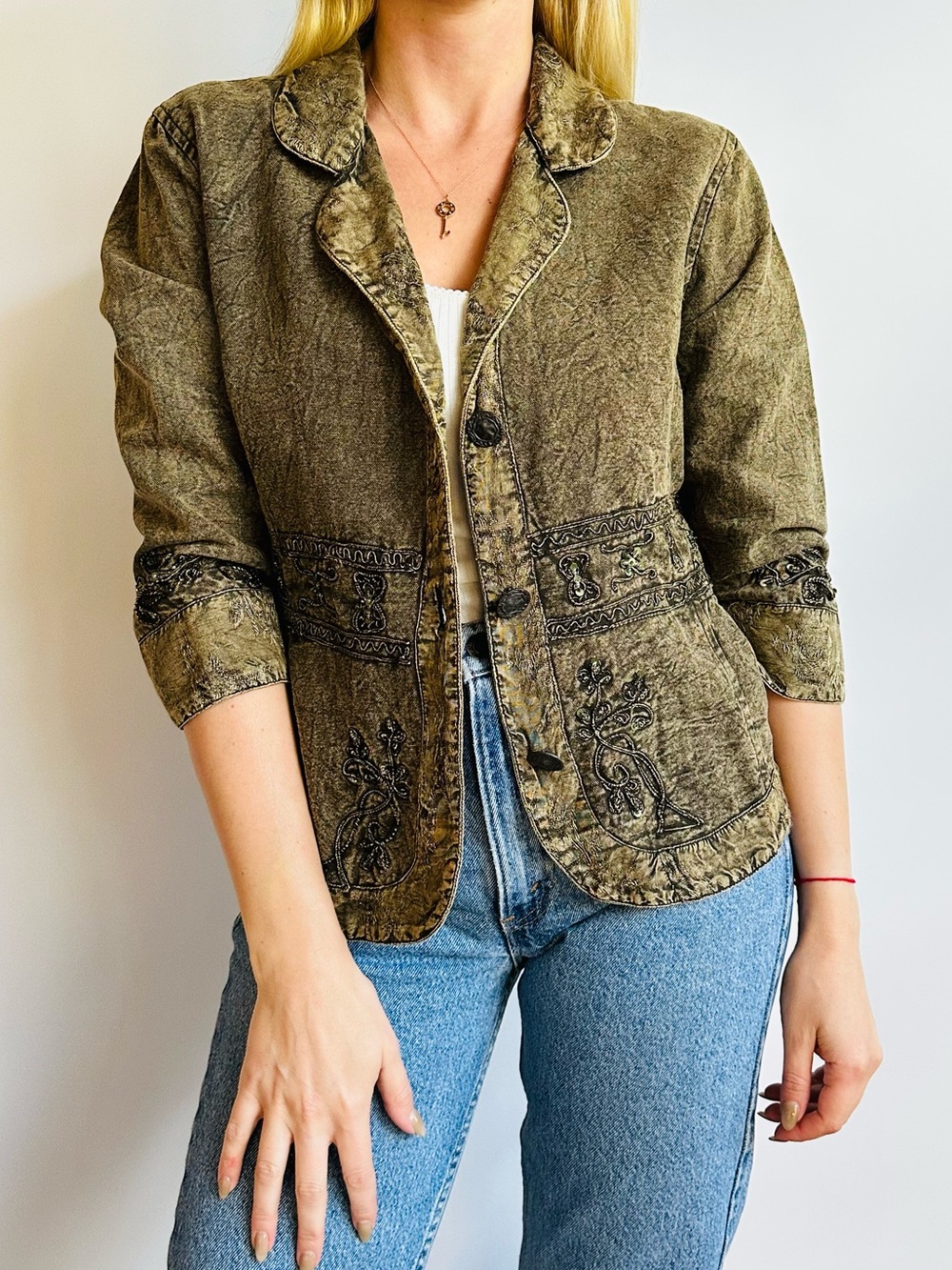 Casual Living Embroidered Cotton Blazer Jacket Acid Wash Boho Beaded Paisley